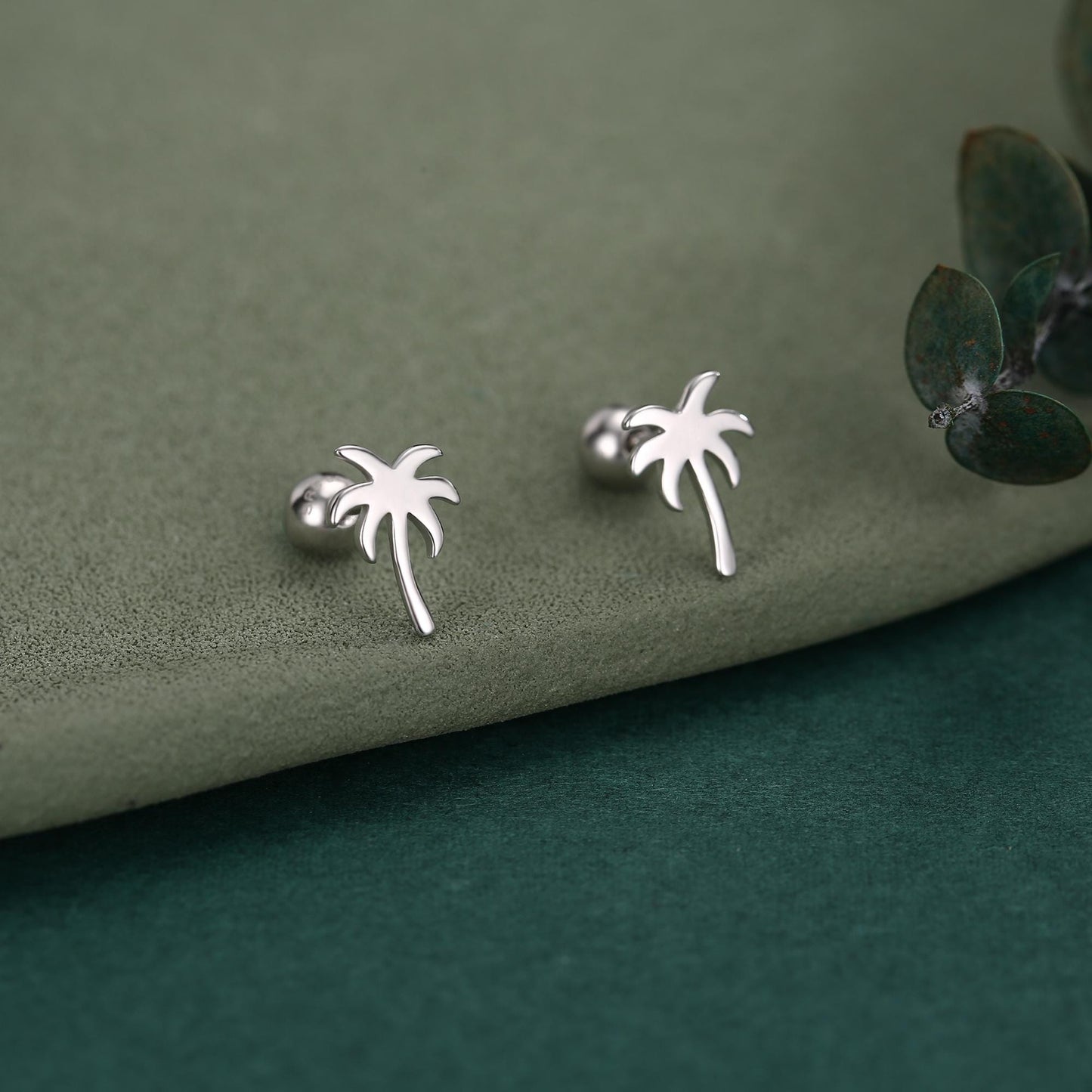 Palm Tree 18G Screw Back Earrings with Ball Backs in Sterling Silver