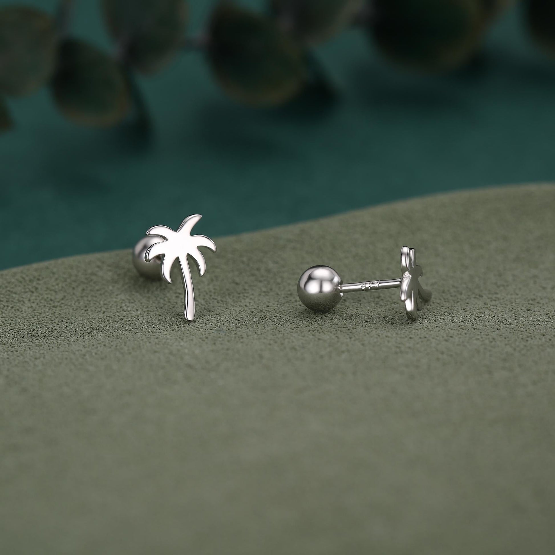 Palm Tree 18G Screw Back Earrings with Ball Backs in Sterling Silver