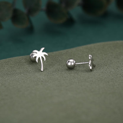 Palm Tree 18G Screw Back Earrings with Ball Backs in Sterling Silver