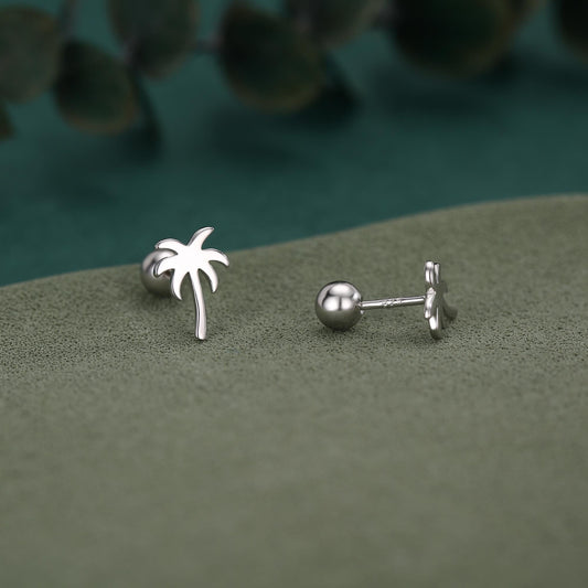 Palm Tree 18G Screw Back Earrings with Ball Backs in Sterling Silver