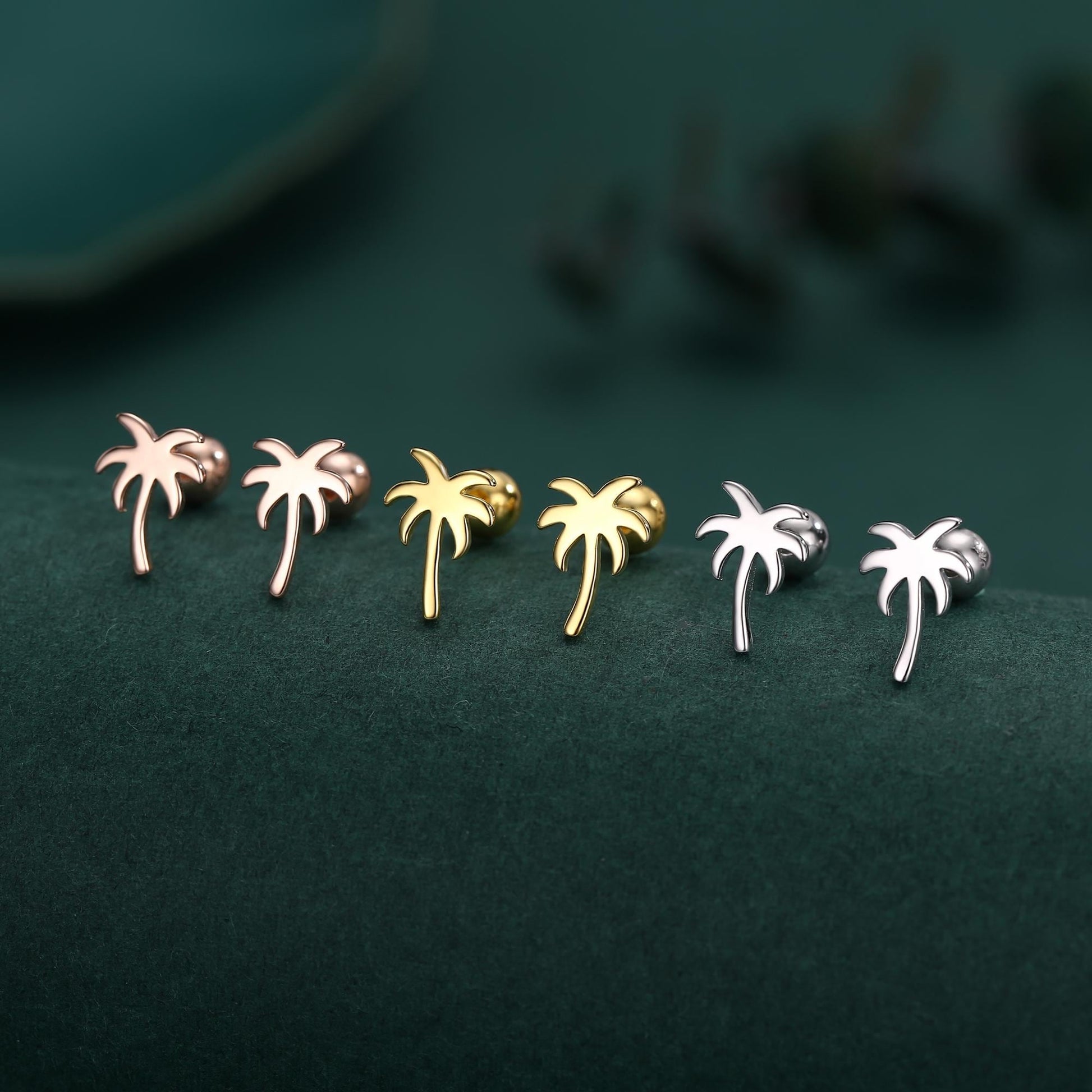 Palm Tree 18G Screw Back Earrings with Ball Backs in Sterling Silver