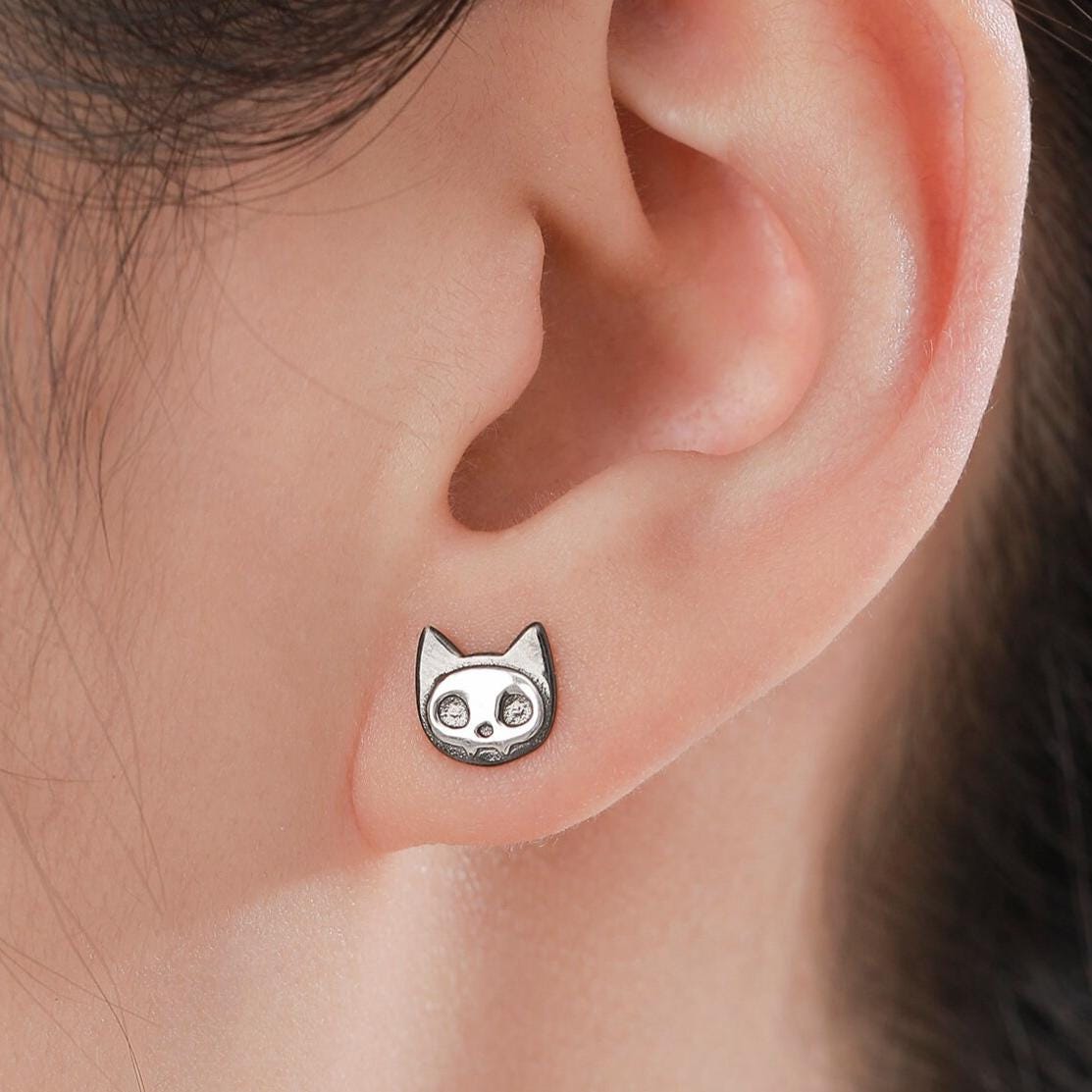 Cute Cat Skull Stud Earrings in Sterling Silver, Black Rhodium Partial Coated, Black Cat Stud Earrings in Sterling Silver