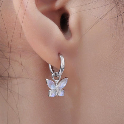 Sterling Silver Moonstone Butterfly Huggie Hoops, Detachable Butterfly Hoop Earrings, Dainty Butterfly Dangle Earrings, Butterfly Earrings