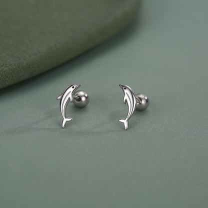 Sterling Silver Dolphin 18G Screw Back Earrings with Ball Backs