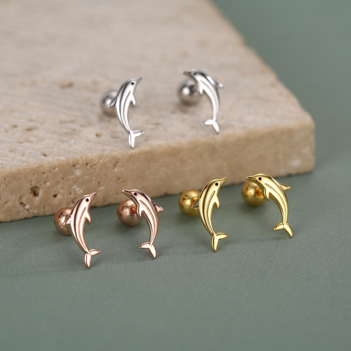 Sterling Silver Dolphin 18G Screw Back Earrings with Ball Backs