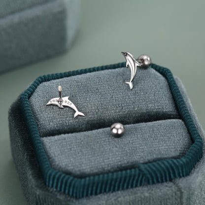 Sterling Silver Dolphin 18G Screw Back Earrings with Ball Backs