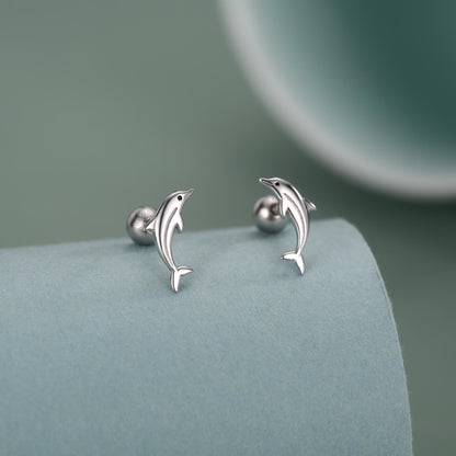 Sterling Silver Dolphin 18G Screw Back Earrings with Ball Backs