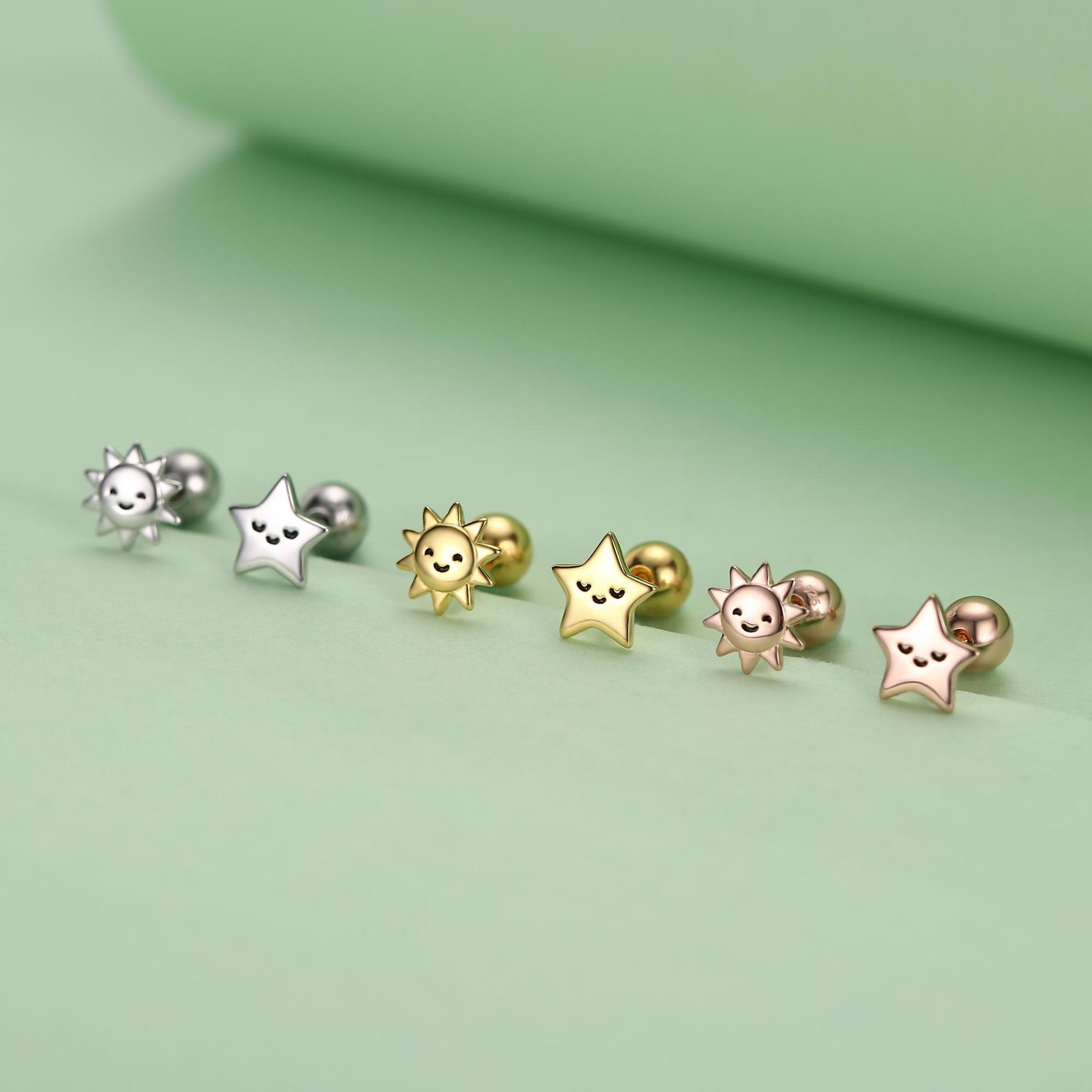 Sterling Silver Sun and Star Stud Earrings 18G Screw Back with Ball Backs