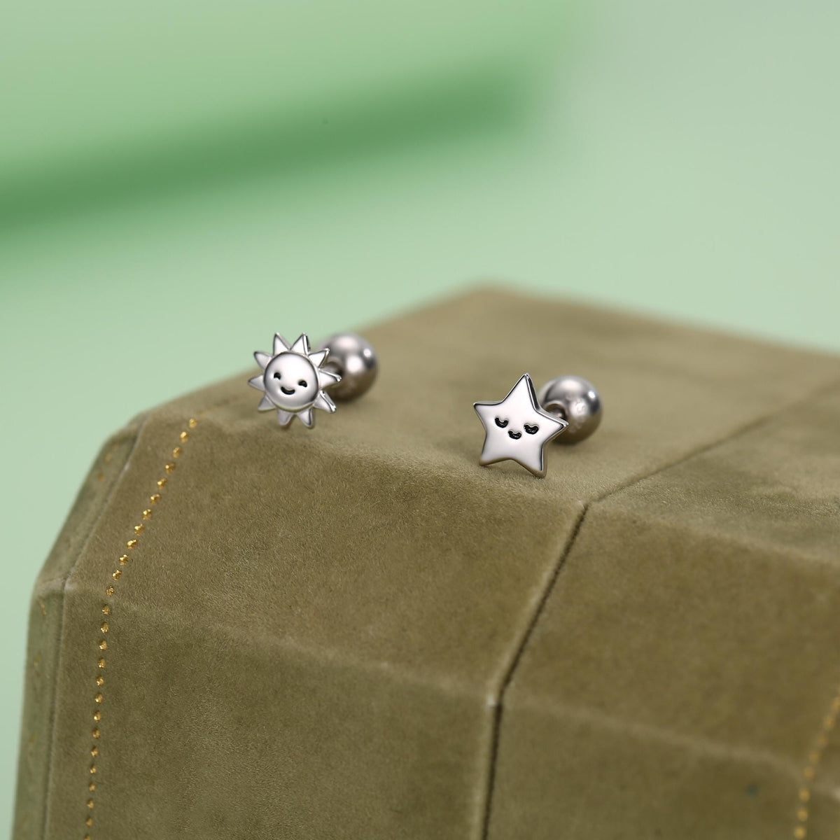 Sterling Silver Sun and Star Stud Earrings 18G Screw Back with Ball Backs