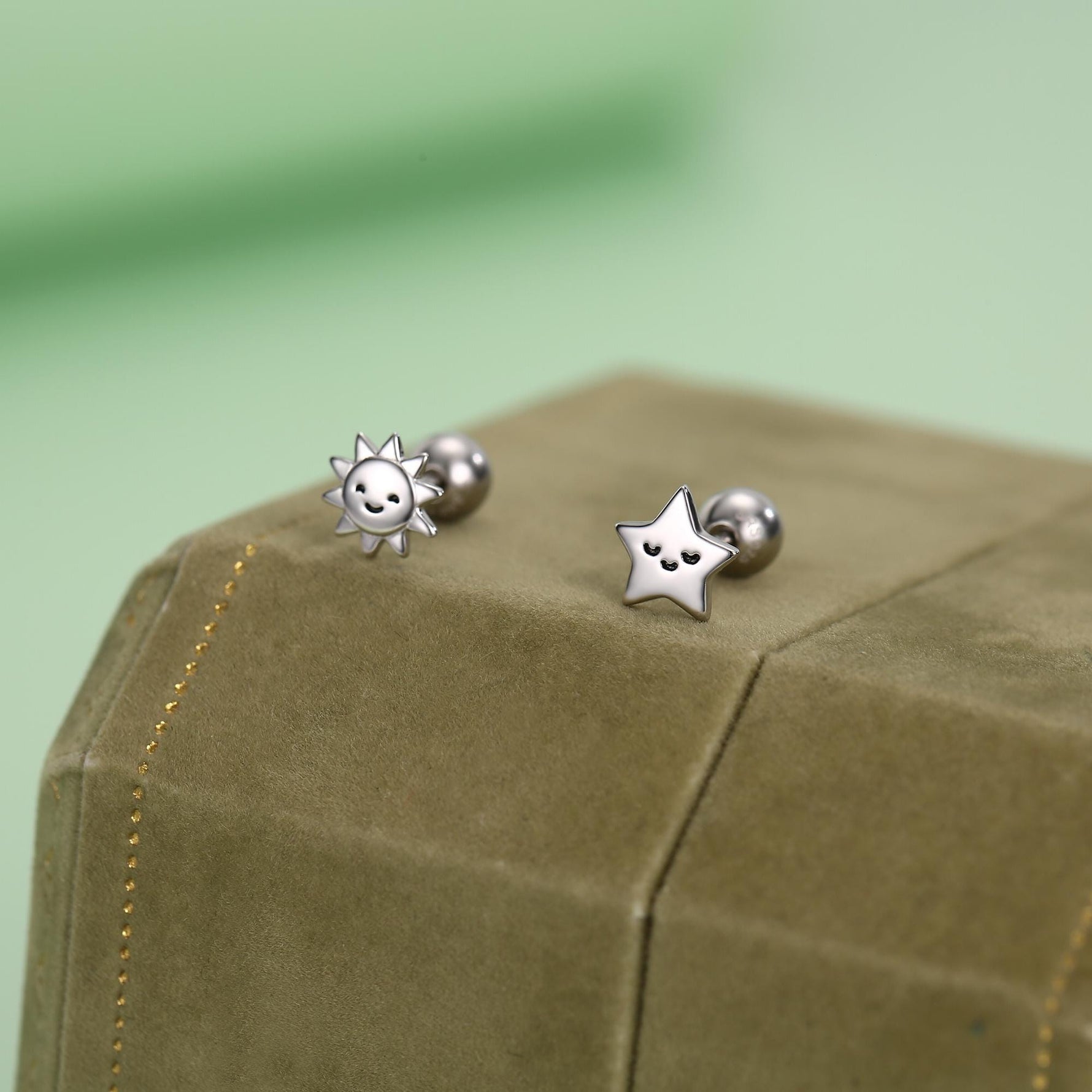 Sterling Silver Sun and Star Stud Earrings 18G Screw Back with Ball Backs