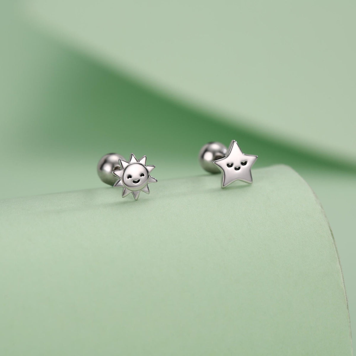 Sterling Silver Sun and Star Stud Earrings 18G Screw Back with Ball Backs