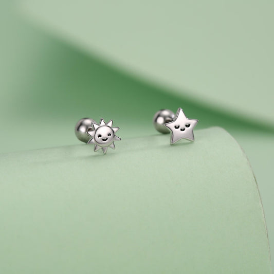 Sterling Silver Sun and Star Stud Earrings 18G Screw Back with Ball Backs