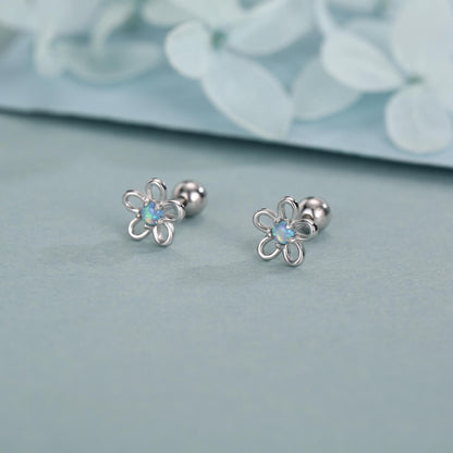 Sterling Silver Opal Flower Stud Earrings 18G Screw Back with Ball Backs