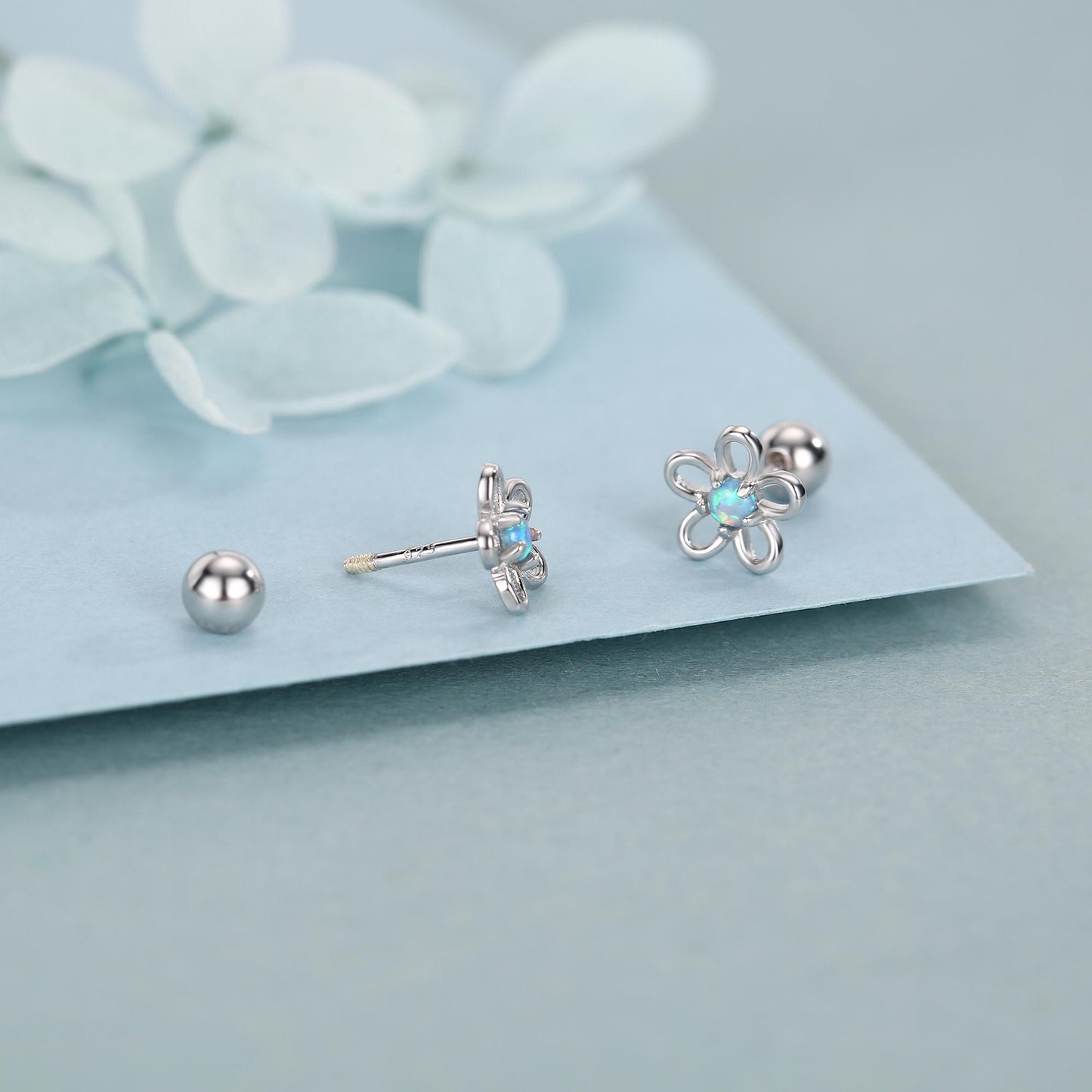 Sterling Silver Opal Flower Stud Earrings 18G Screw Back with Ball Backs