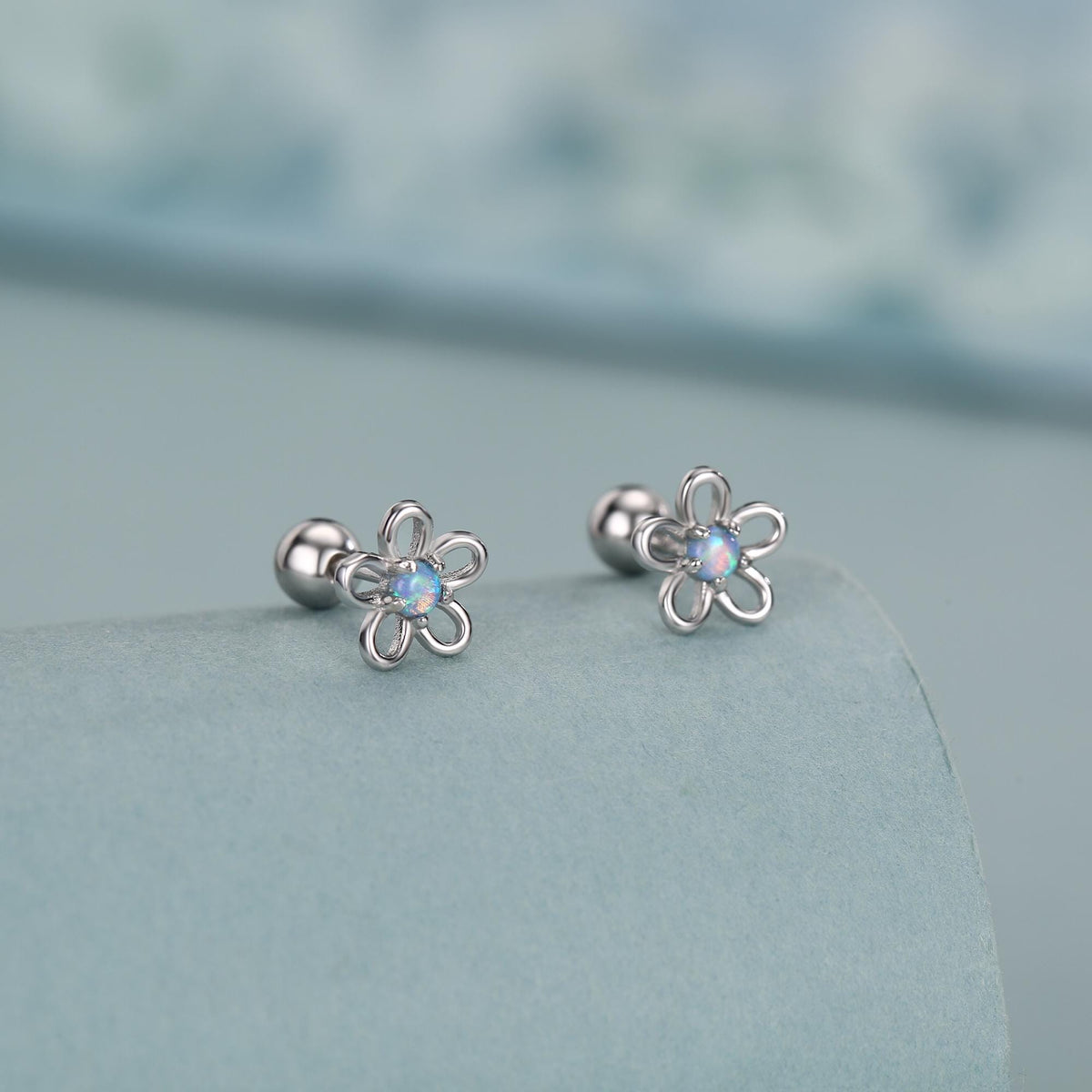 Sterling Silver Opal Flower Stud Earrings 18G Screw Back with Ball Backs