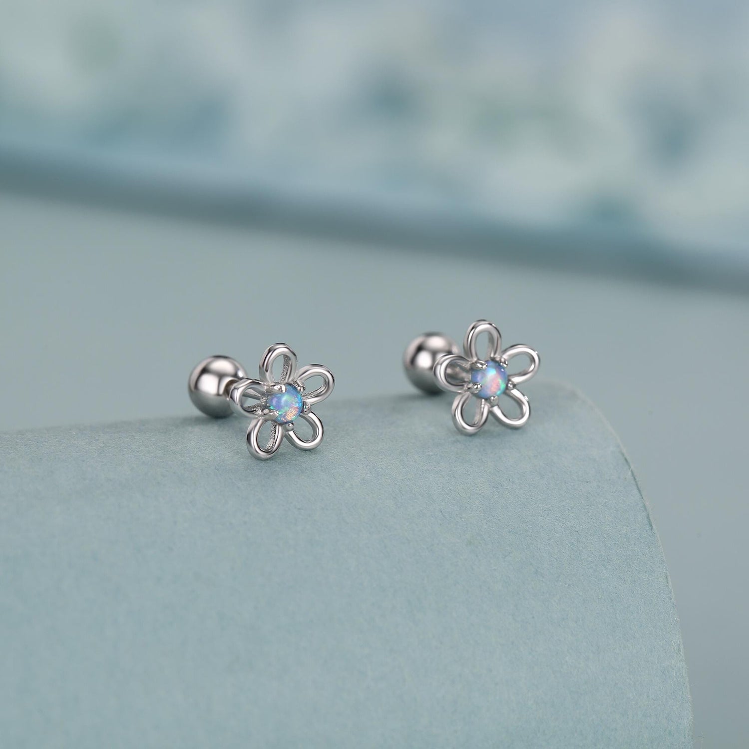 Sterling Silver Opal Flower Stud Earrings 18G Screw Back with Ball Backs