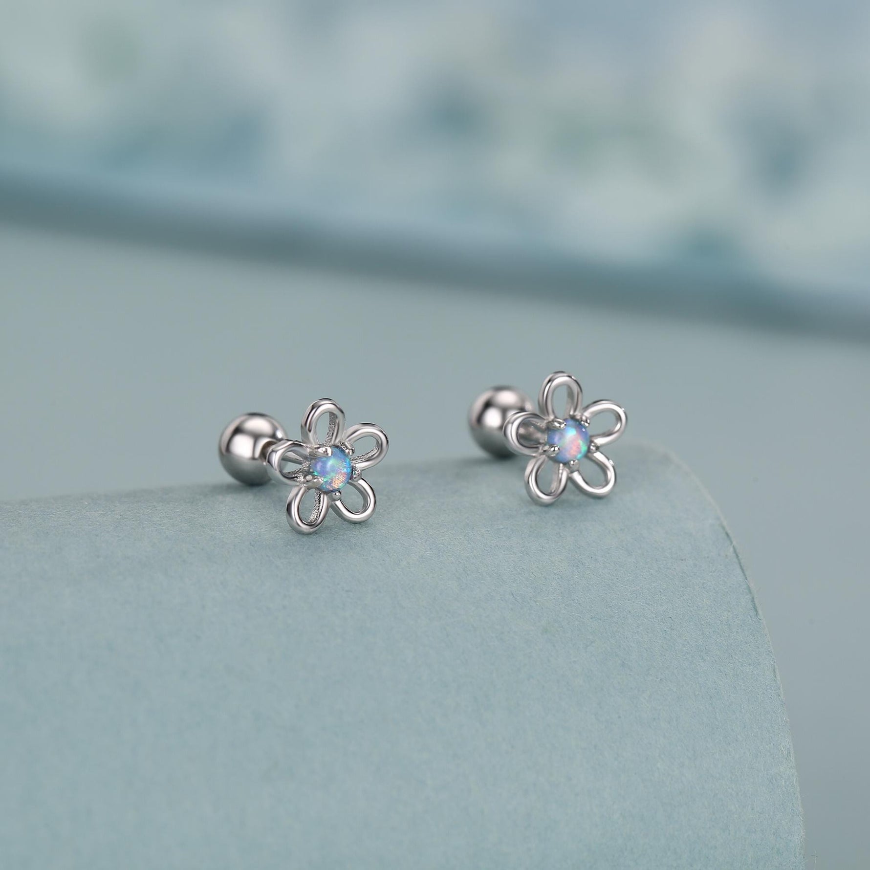 Sterling Silver Opal Flower Stud Earrings 18G Screw Back with Ball Backs