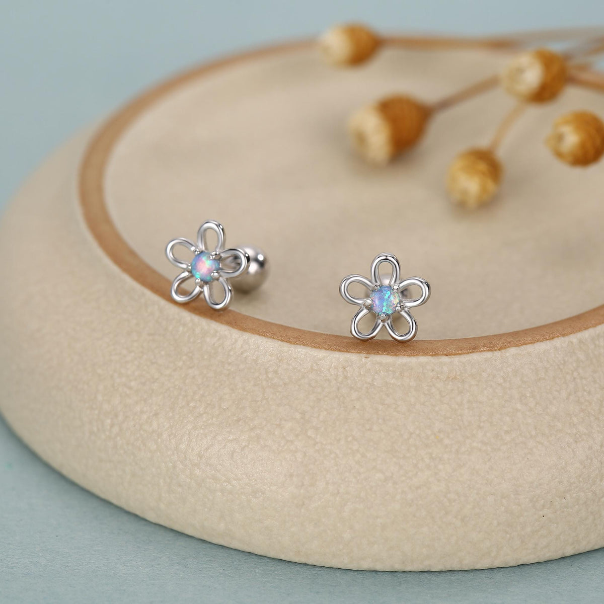 Sterling Silver Opal Flower Stud Earrings 18G Screw Back with Ball Backs