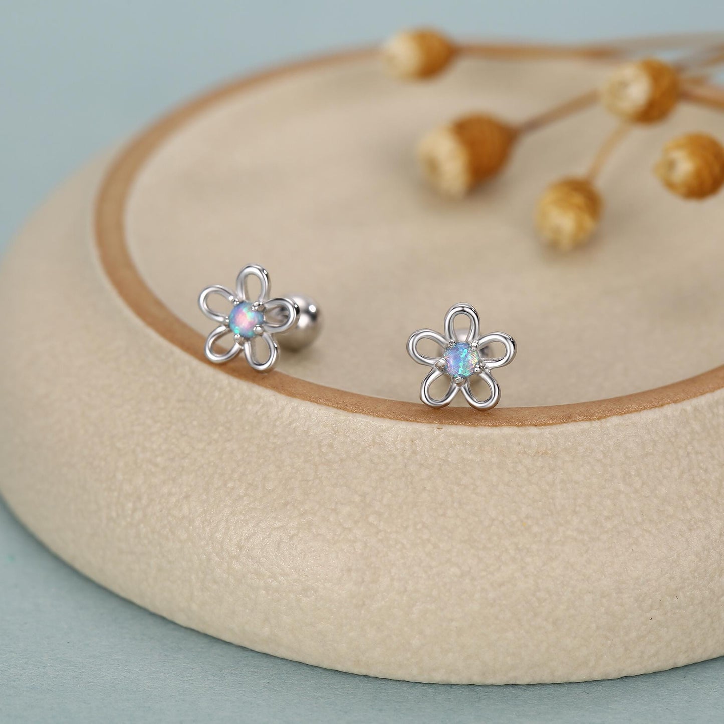 Sterling Silver Opal Flower Stud Earrings 18G Screw Back with Ball Backs