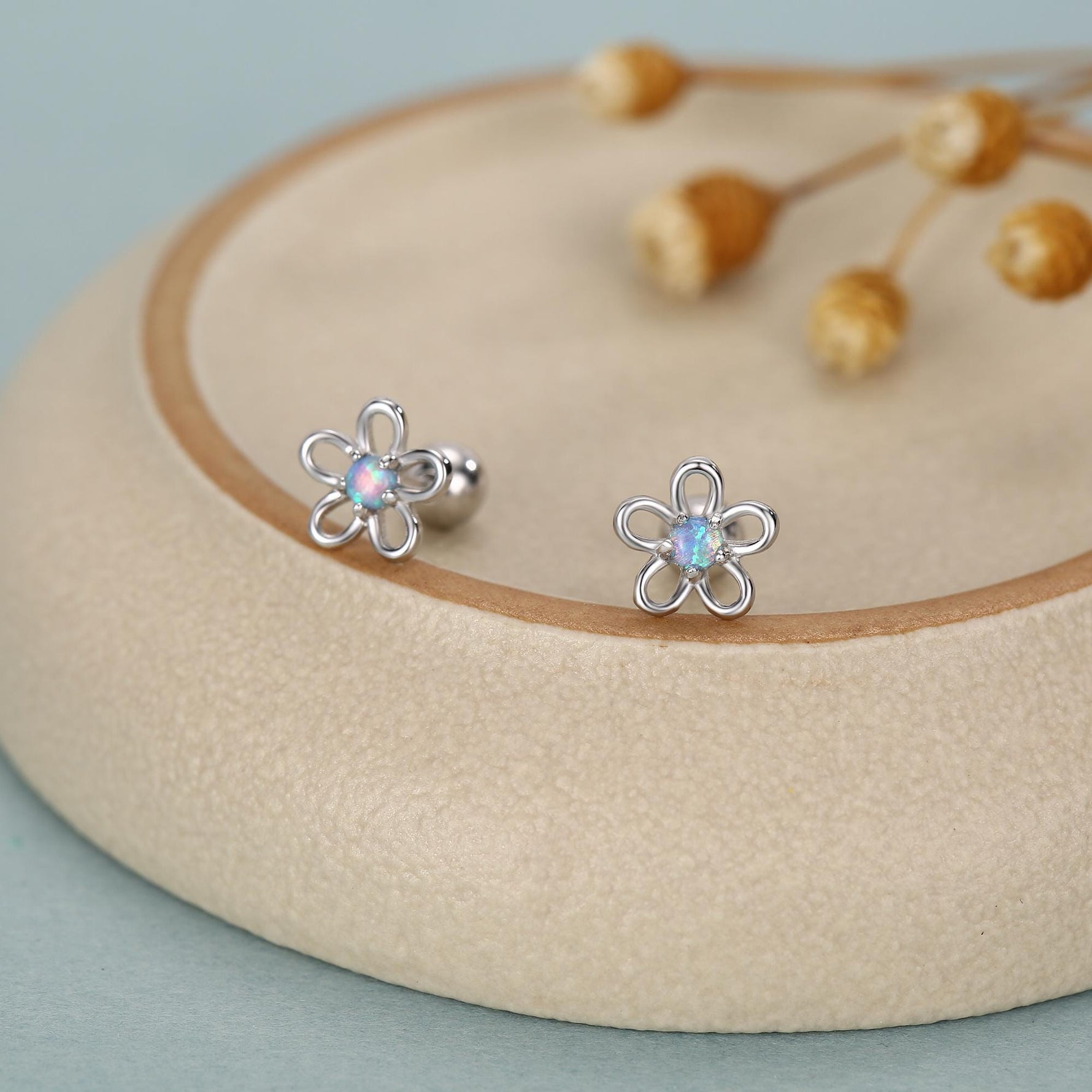Sterling Silver Opal Flower Stud Earrings 18G Screw Back with Ball Backs