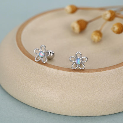 Sterling Silver Opal Flower Stud Earrings 18G Screw Back with Ball Backs