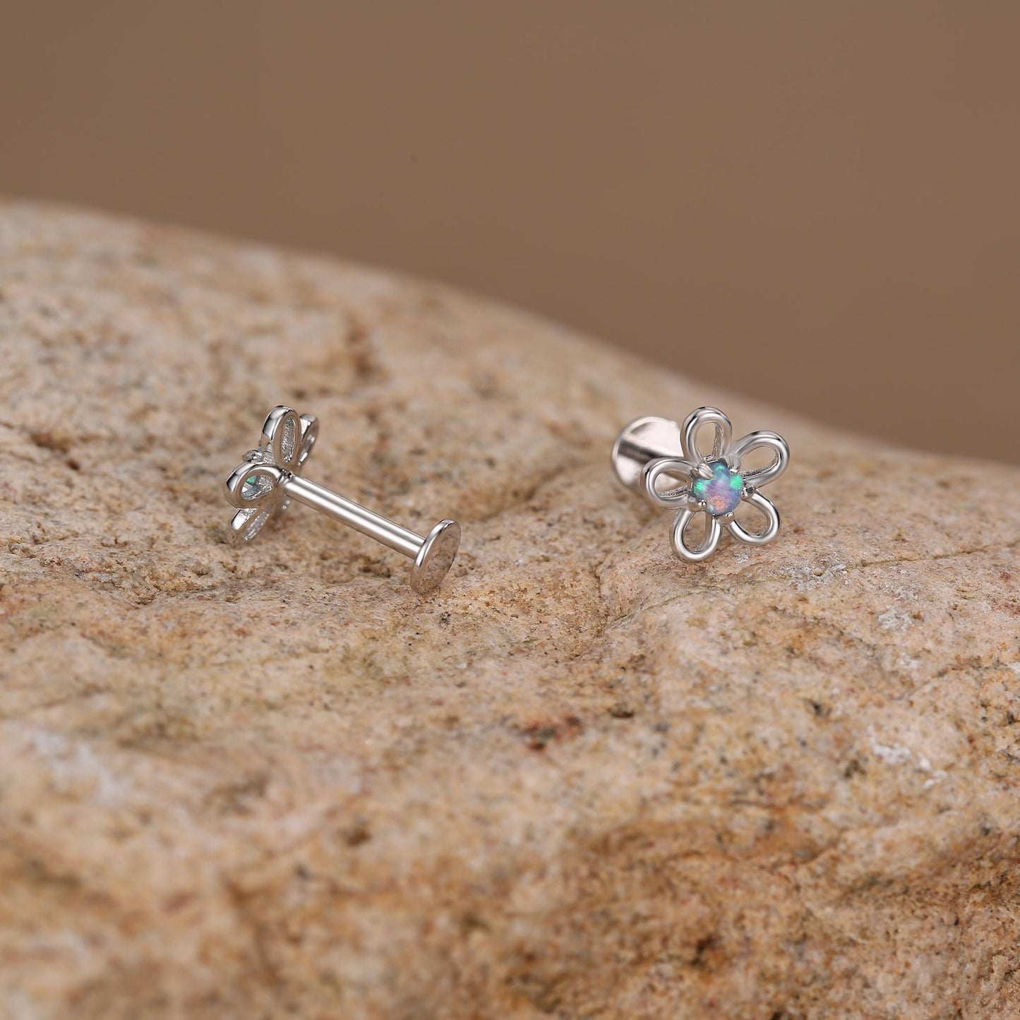Sterling Silver Opal Flower 16G Flat Back Stud Earrings