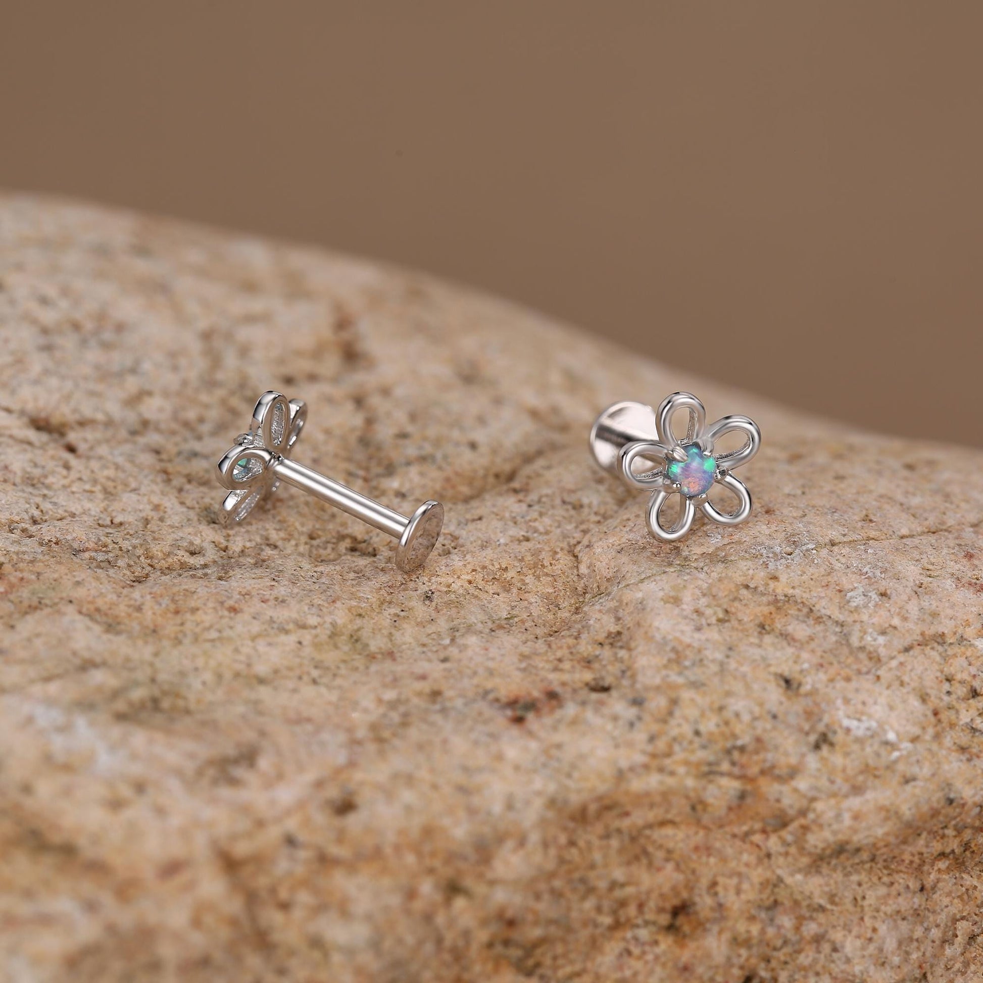 Sterling Silver Opal Flower 16G Flat Back Stud Earrings