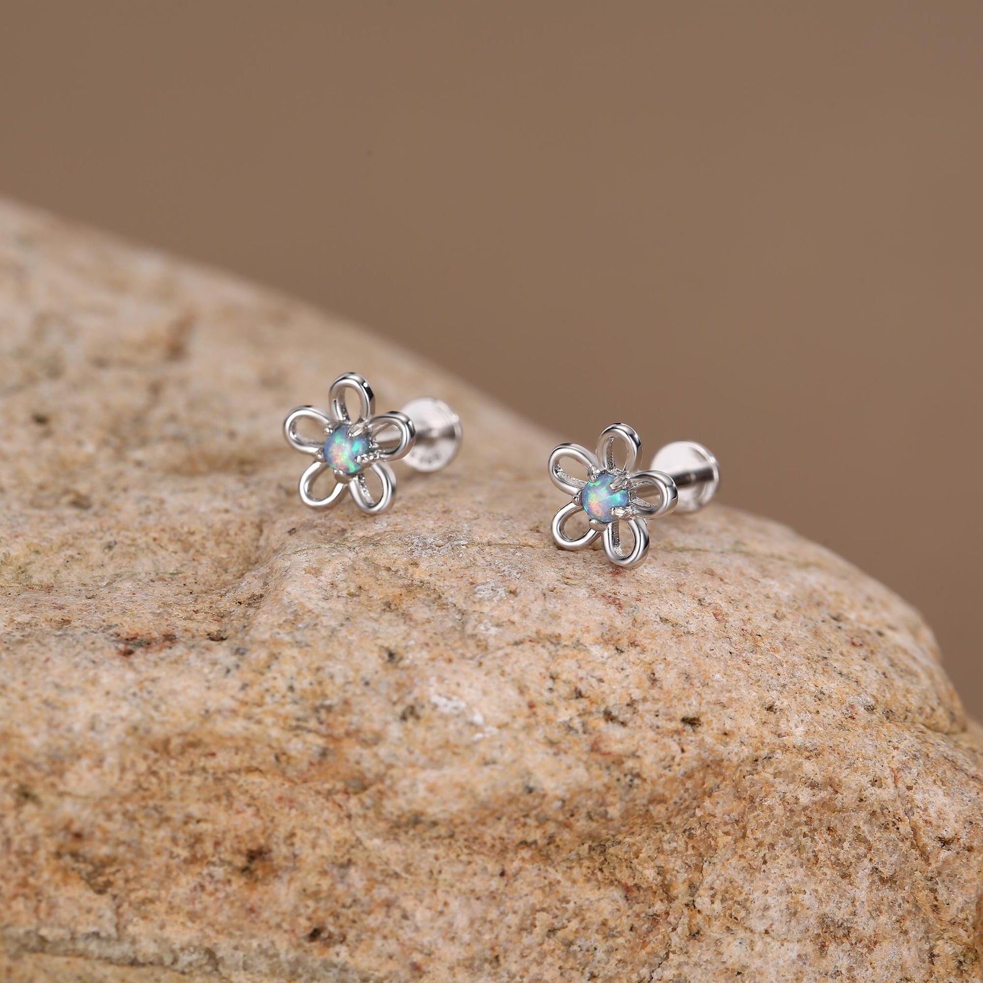 Sterling Silver Opal Flower 16G Flat Back Stud Earrings