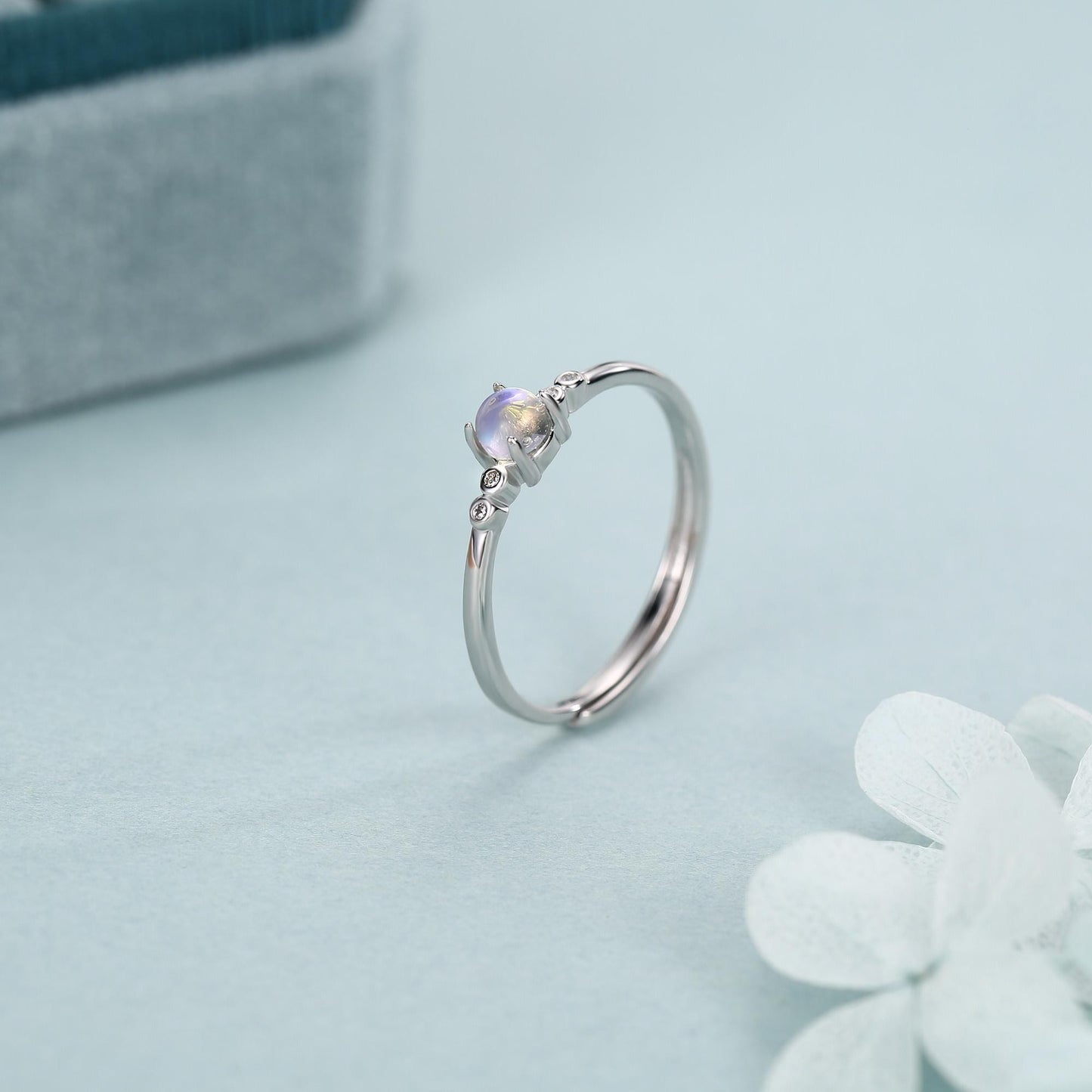 Tiny Moonstone Ring in Sterling Silver, Adjustable Size, 4mm Moonstone Ring, Prong Set, Lab Moonstone Ring, Delicate Stacking Ring,