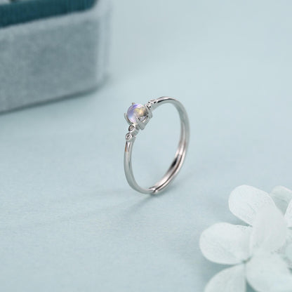 Tiny Moonstone Ring in Sterling Silver, Adjustable Size, 4mm Moonstone Ring, Prong Set, Lab Moonstone Ring, Delicate Stacking Ring,