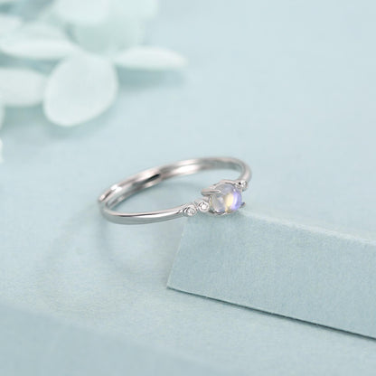 Tiny Moonstone Ring in Sterling Silver, Adjustable Size, 4mm Moonstone Ring, Prong Set, Lab Moonstone Ring, Delicate Stacking Ring,