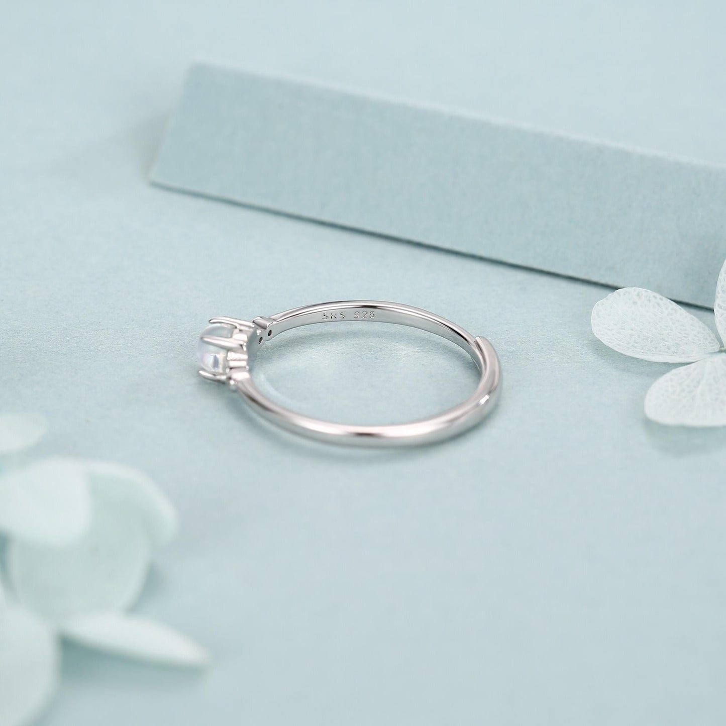 Tiny Moonstone Ring in Sterling Silver, Adjustable Size, 4mm Moonstone Ring, Prong Set, Lab Moonstone Ring, Delicate Stacking Ring,