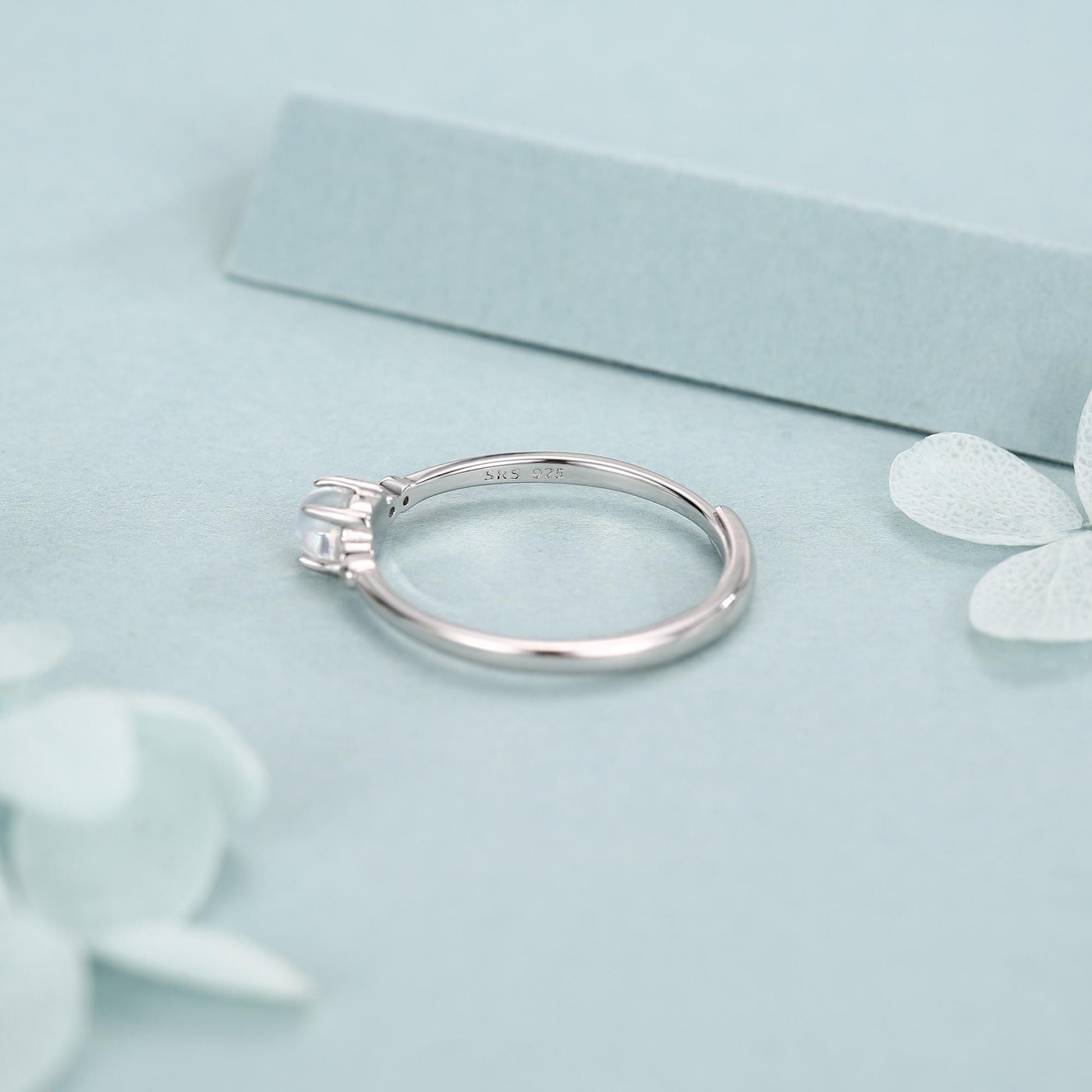 Tiny Moonstone Ring in Sterling Silver, Adjustable Size, 4mm Moonstone Ring, Prong Set, Lab Moonstone Ring, Delicate Stacking Ring,