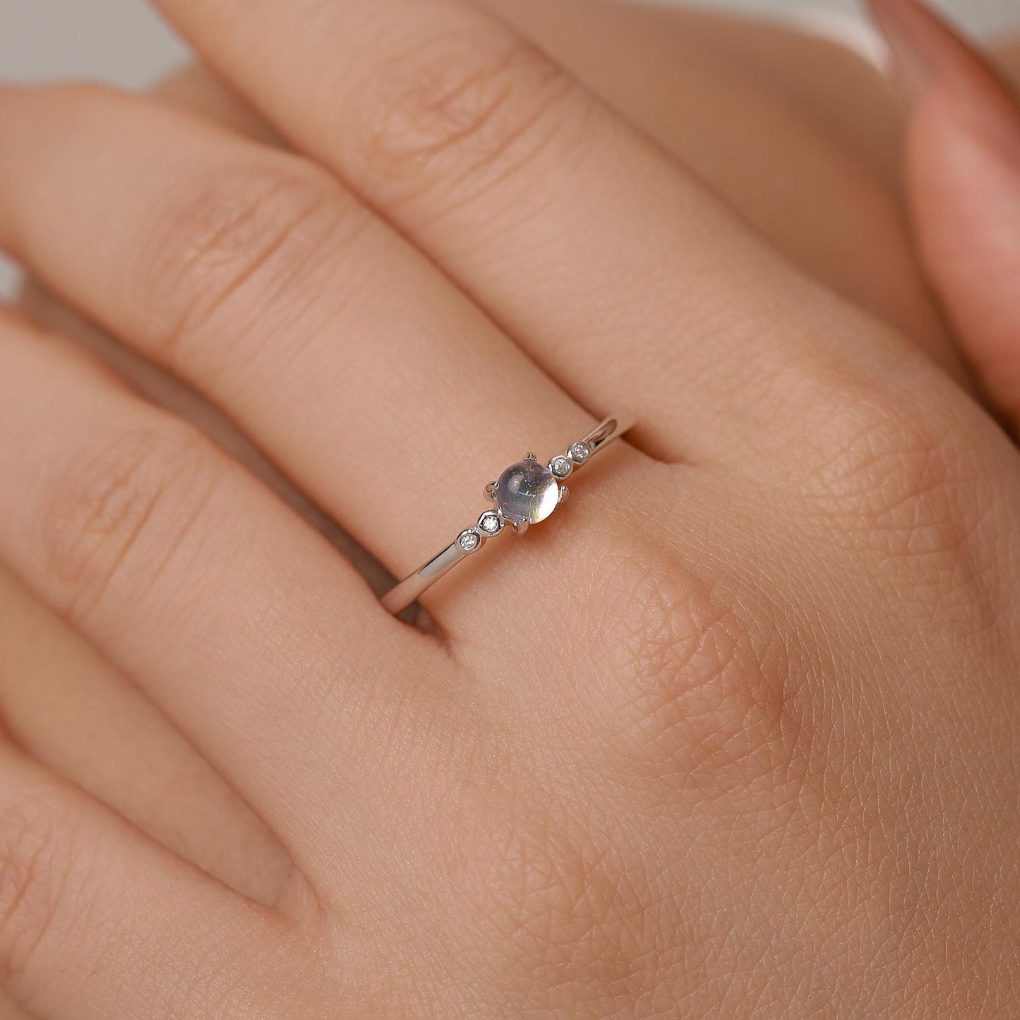 Tiny Moonstone Ring in Sterling Silver, Adjustable Size, 4mm Moonstone Ring, Prong Set, Lab Moonstone Ring, Delicate Stacking Ring,