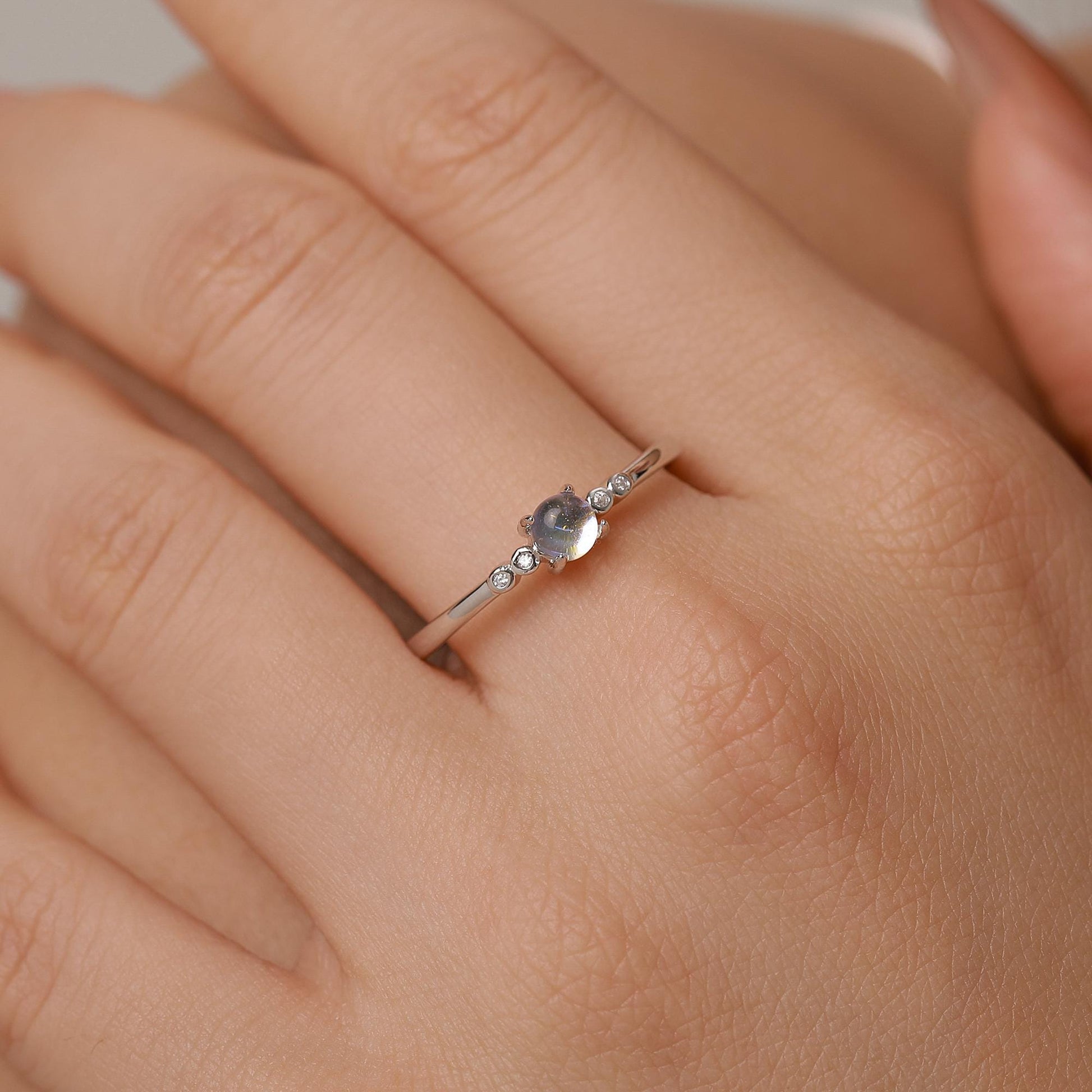 Tiny Moonstone Ring in Sterling Silver, Adjustable Size, 4mm Moonstone Ring, Prong Set, Lab Moonstone Ring, Delicate Stacking Ring,