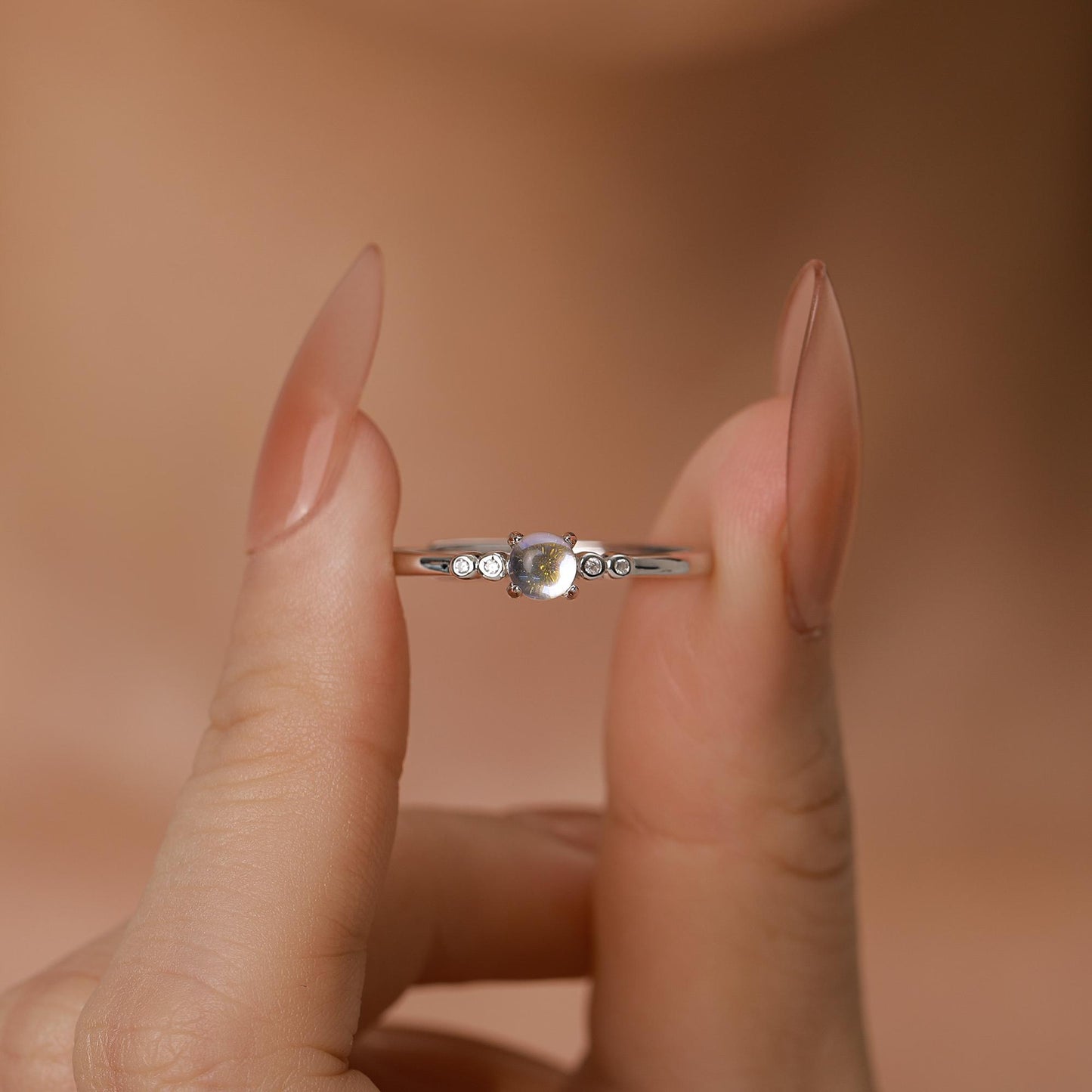 Tiny Moonstone Ring in Sterling Silver, Adjustable Size, 4mm Moonstone Ring, Prong Set, Lab Moonstone Ring, Delicate Stacking Ring,