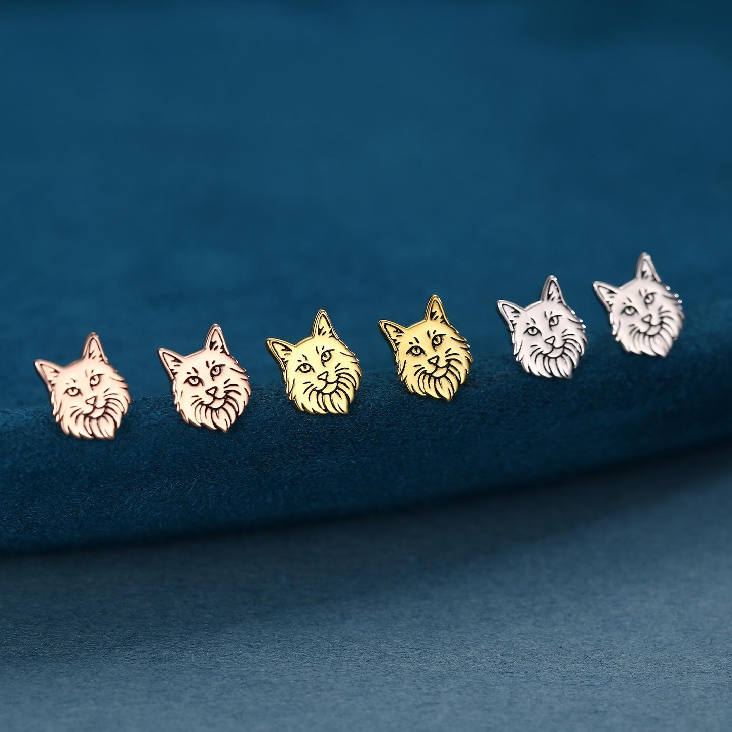 Sterling Silver Maine Coon Style Cat Face Stud Earrings