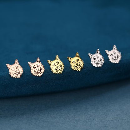 Sterling Silver Maine Coon Style Cat Face Stud Earrings