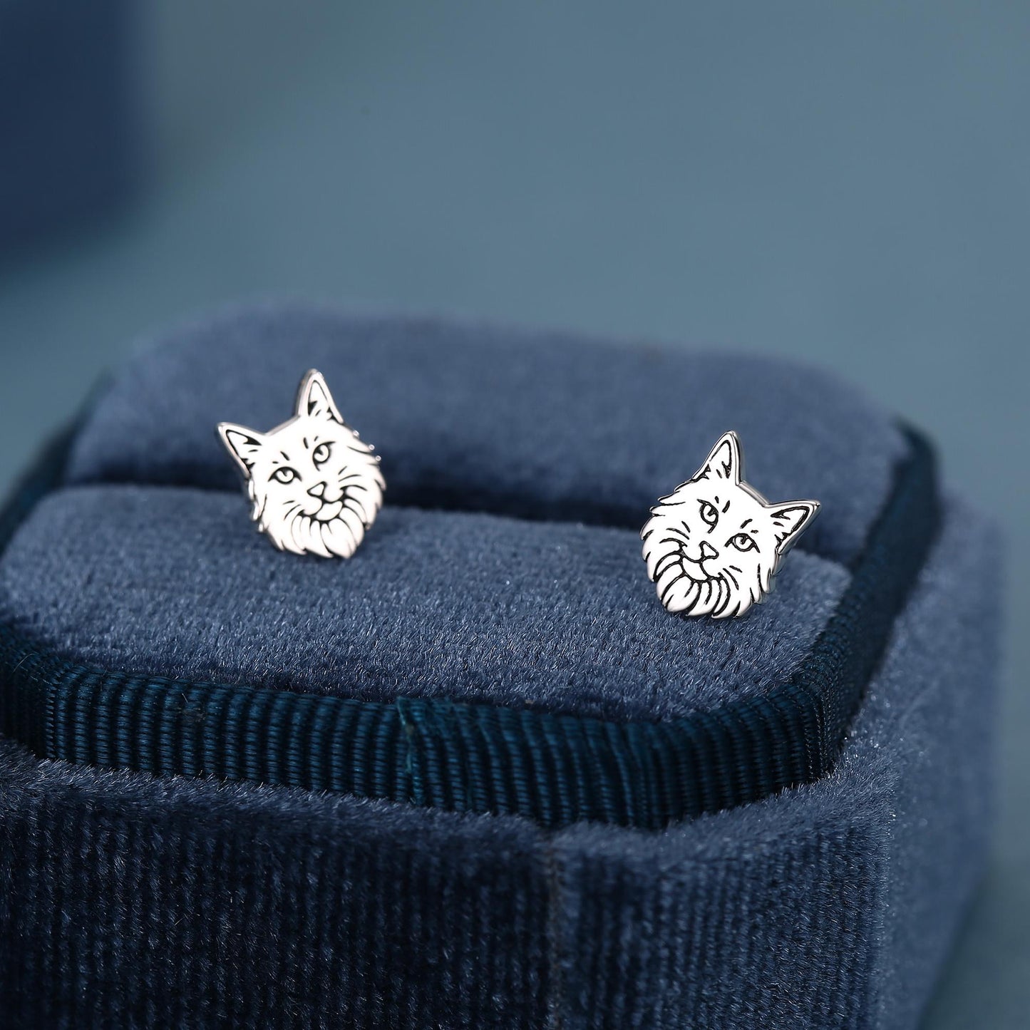 Sterling Silver Maine Coon Style Cat Face Stud Earrings