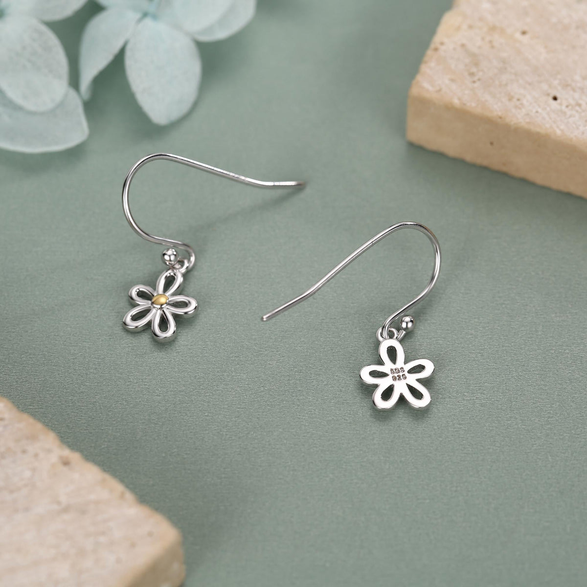 Sterling Silver Two Tone Daisy Flower Drop Earrings with Hooks