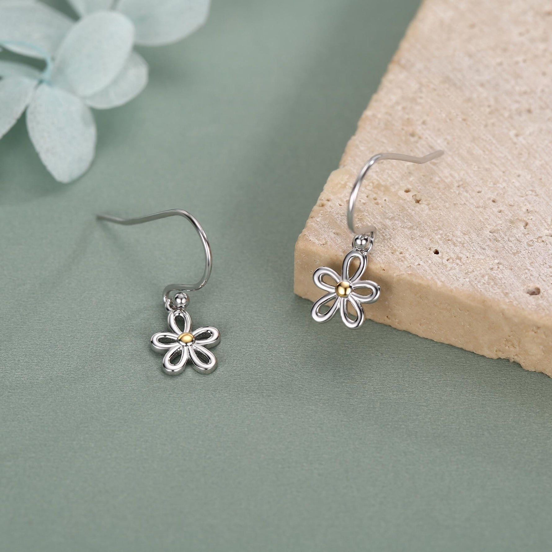 Sterling Silver Two Tone Daisy Flower Drop Earrings with Hooks