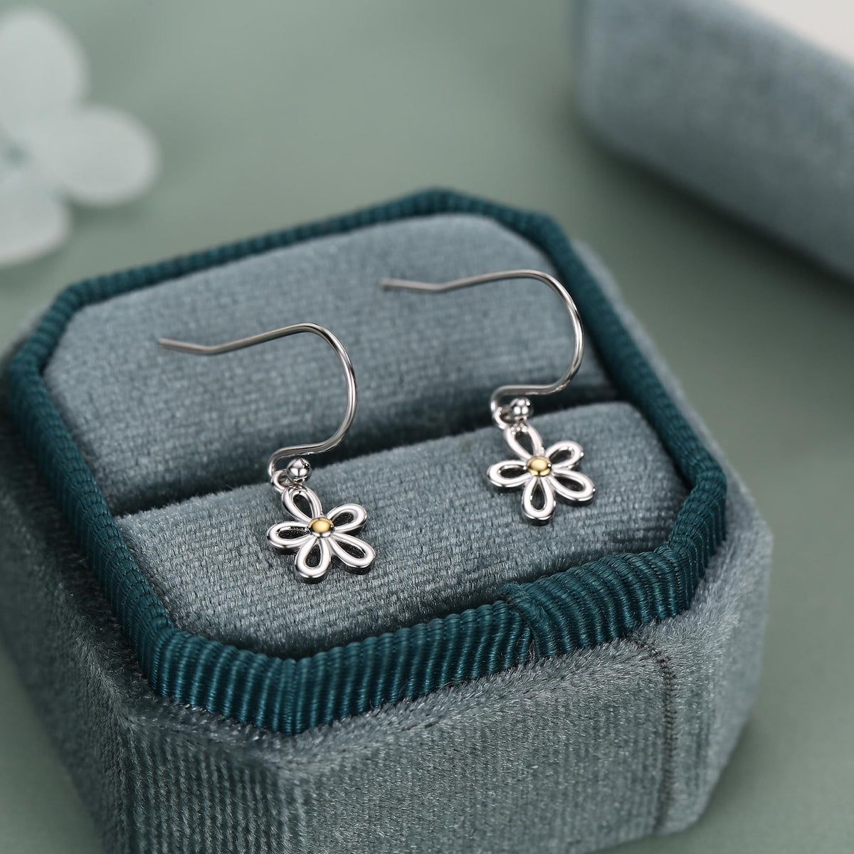Sterling Silver Two Tone Daisy Flower Drop Earrings with Hooks