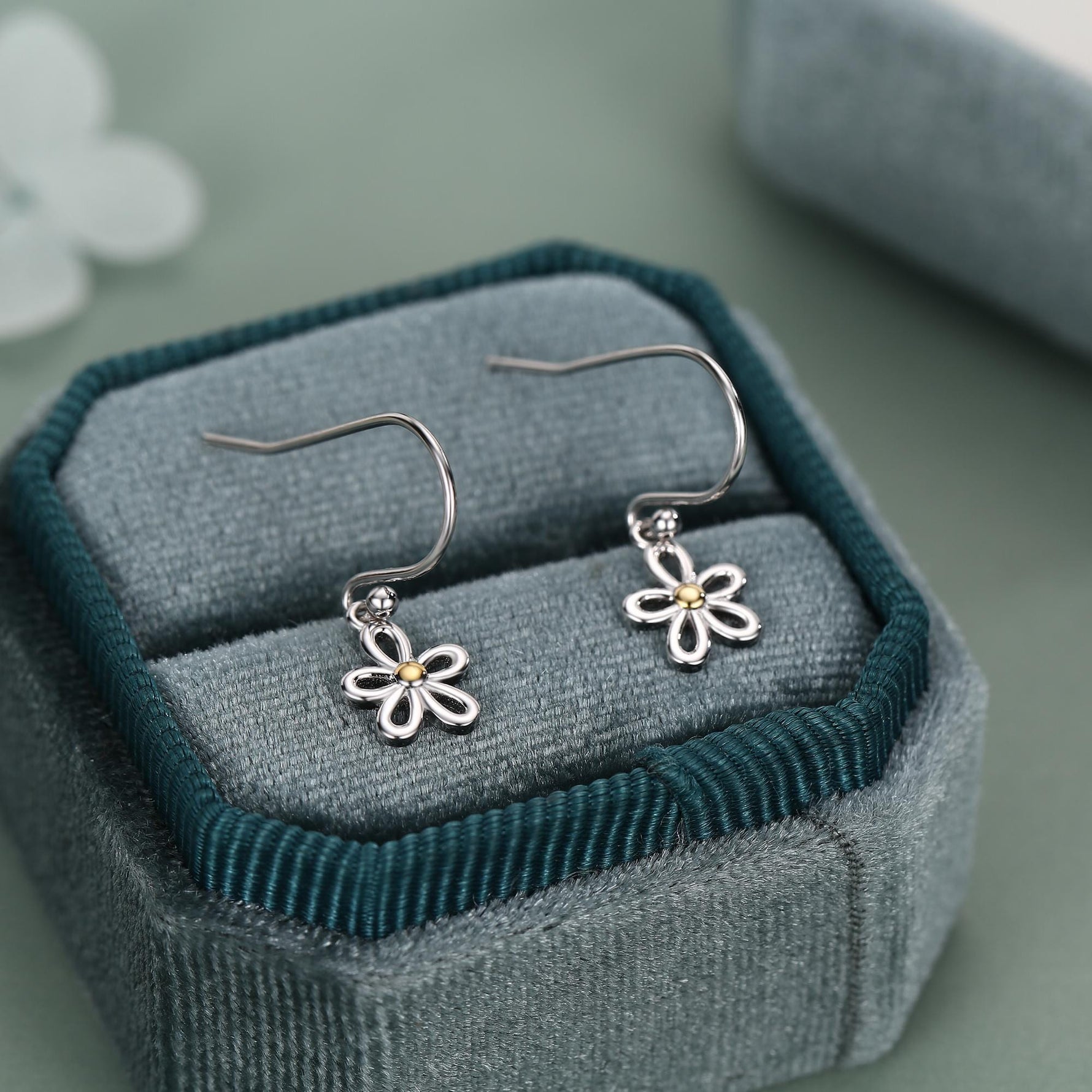 Sterling Silver Two Tone Daisy Flower Drop Earrings with Hooks