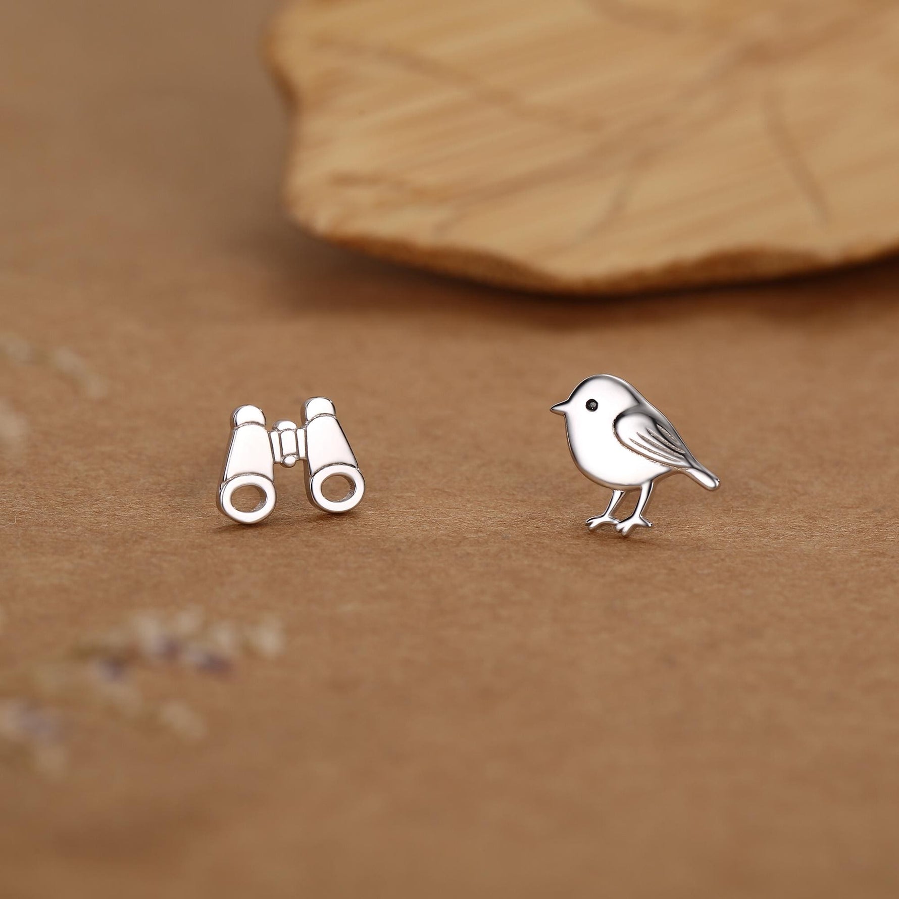 Sterling Silver Bird and Binoculars 18G Screw Back Mismatched Earrings
