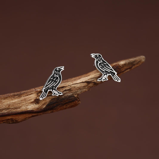 Sterling Silver Crow Raven Bird Stud Earrings