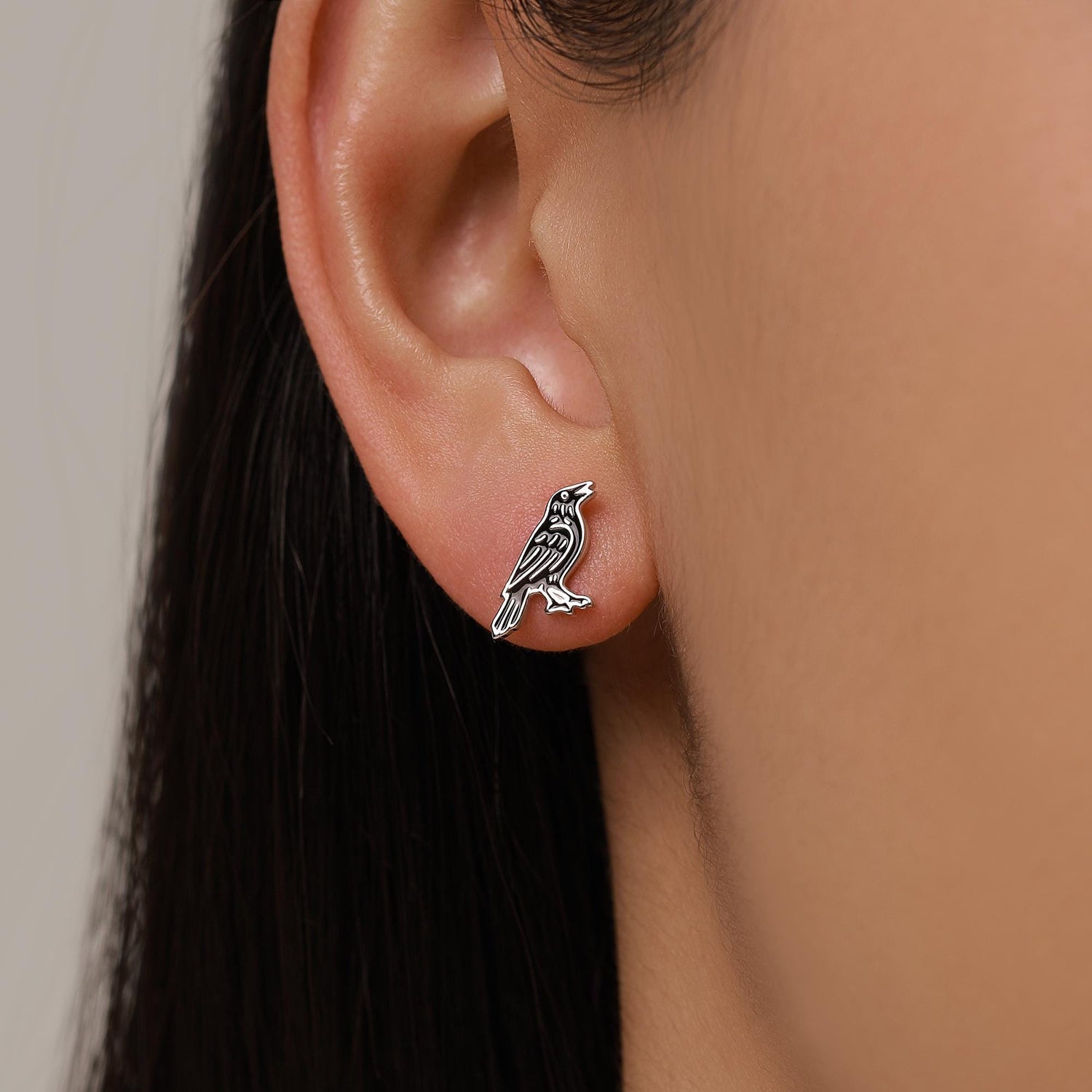 Sterling Silver Crow Raven Bird Stud Earrings