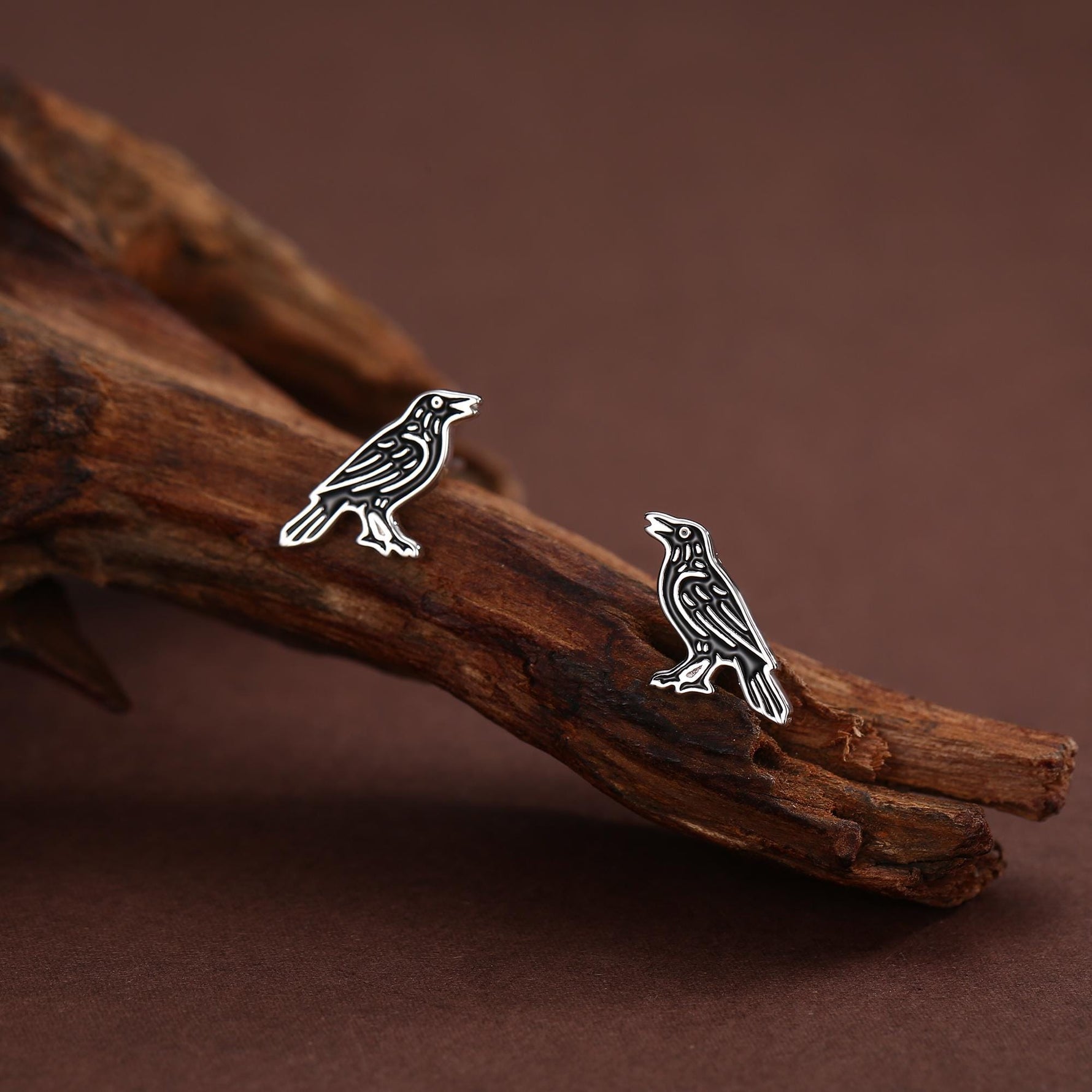 Sterling Silver Crow Raven Bird Stud Earrings