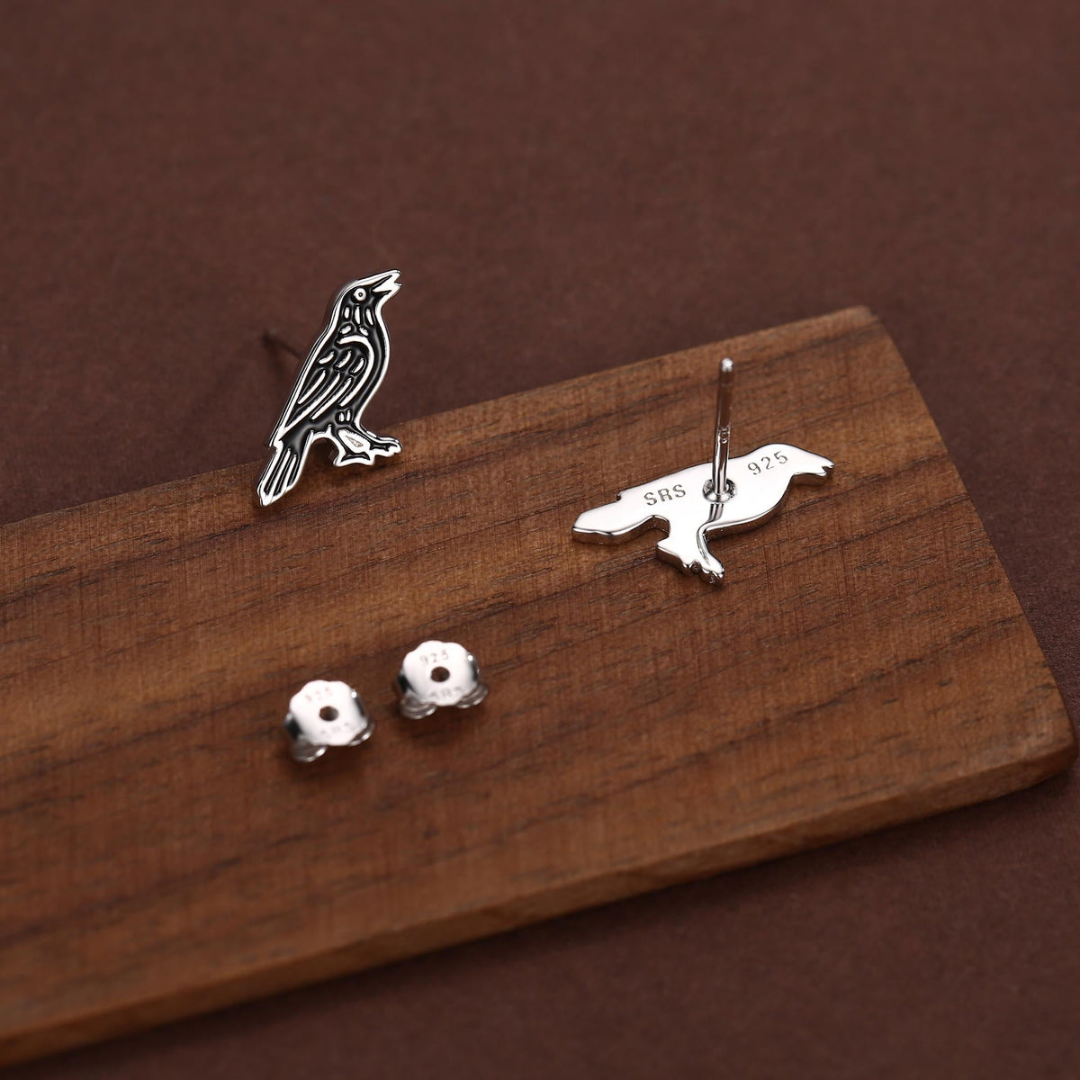 Sterling Silver Crow Raven Bird Stud Earrings