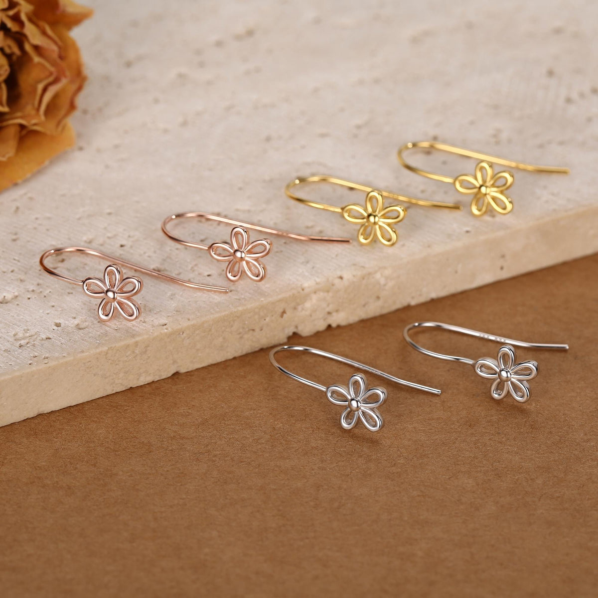 Sterling Silver Forget-me-not Flower Drop Hook Earrings, Silver or Gold or Rose Gold, Daisy Earrings, Minimalist Forget me not Earrings