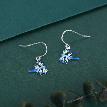 Sterling Silver Blue Sea Dragon Drop Earrings with Hooks
